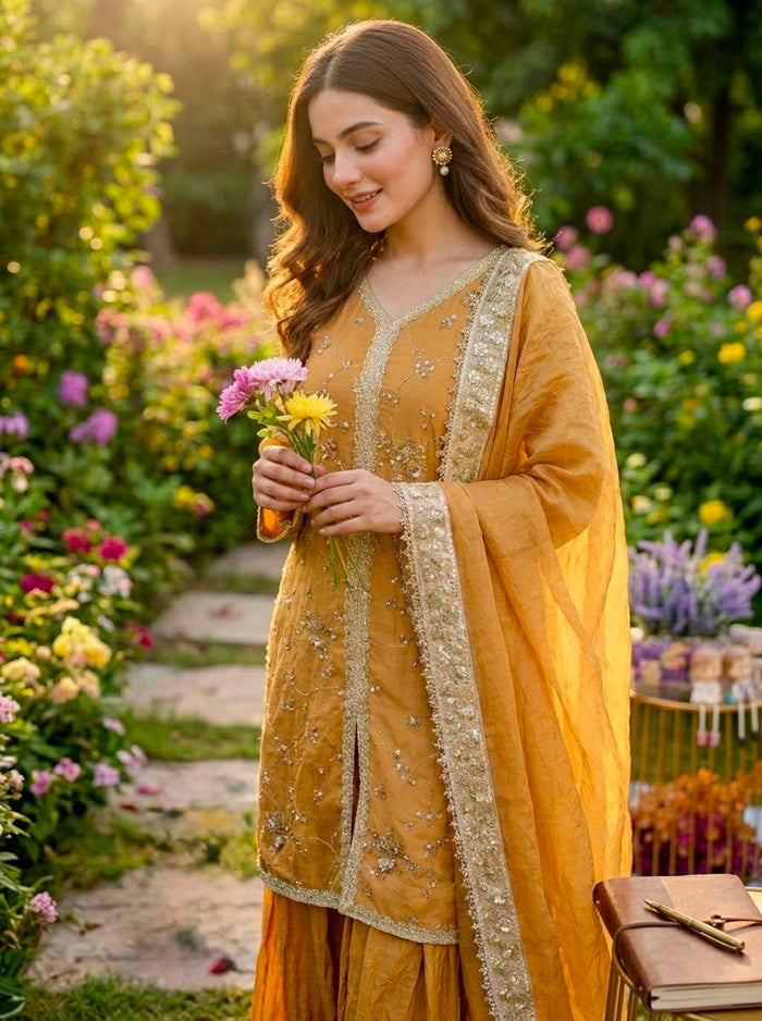 Golden Mustard Silk Kurti With Pearl Trim
