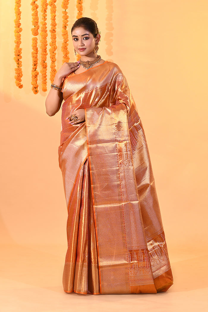 Golden Orange With Checked Zari Weave & Temple Border Kanjivaram Silk Saree