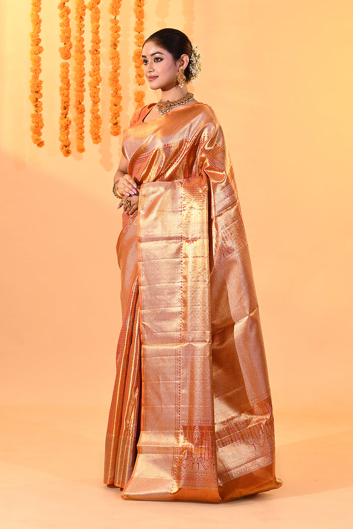 Golden Orange With Checked Zari Weave & Temple Border Kanjivaram Silk Saree