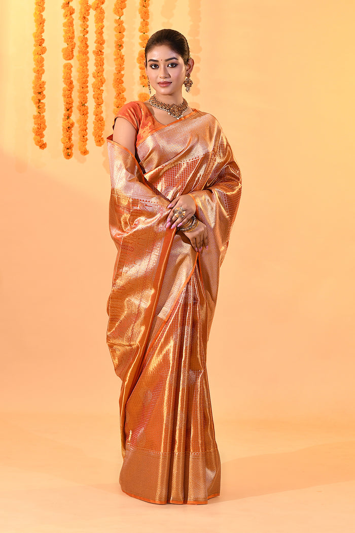 Golden Orange With Checked Zari Weave & Temple Border Kanjivaram Silk Saree