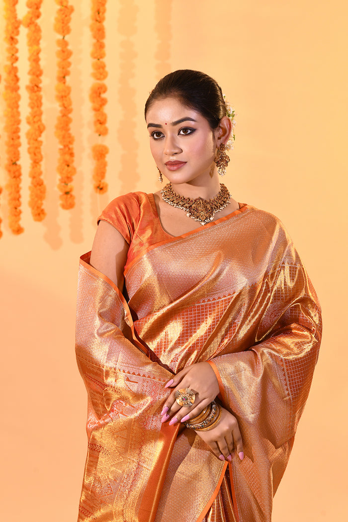 Golden Orange With Checked Zari Weave & Temple Border Kanjivaram Silk Saree