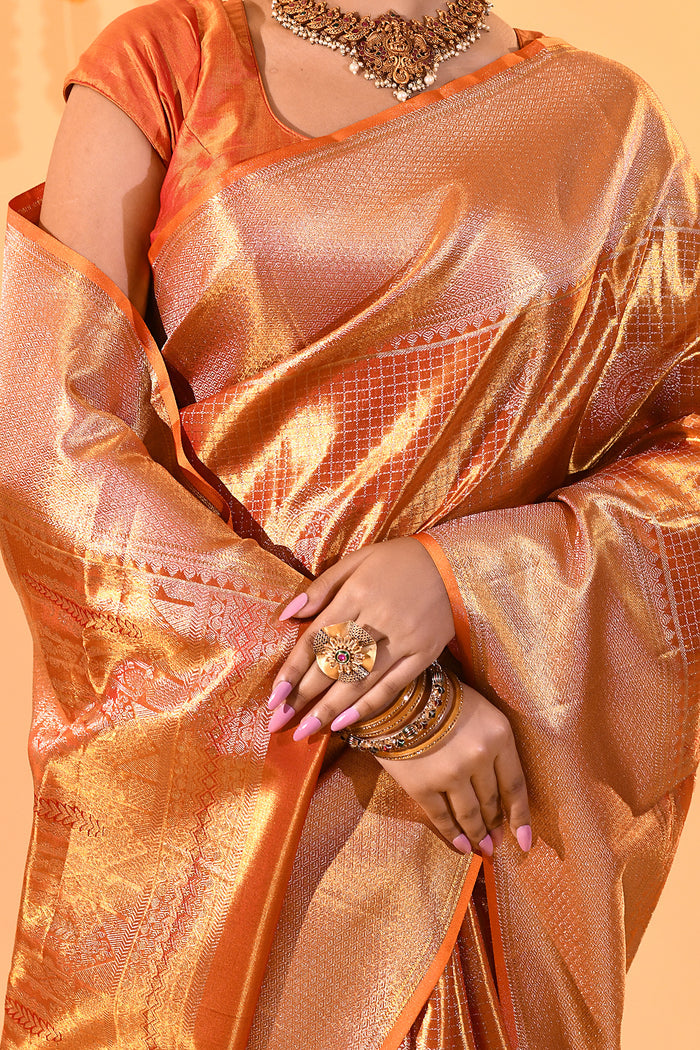 Golden Orange With Checked Zari Weave & Temple Border Kanjivaram Silk Saree