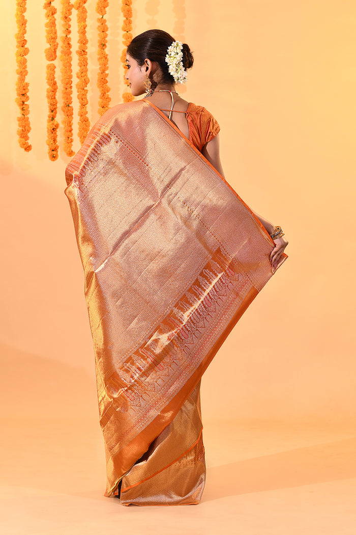 Golden Orange With Checked Zari Weave & Temple Border Kanjivaram Silk Saree