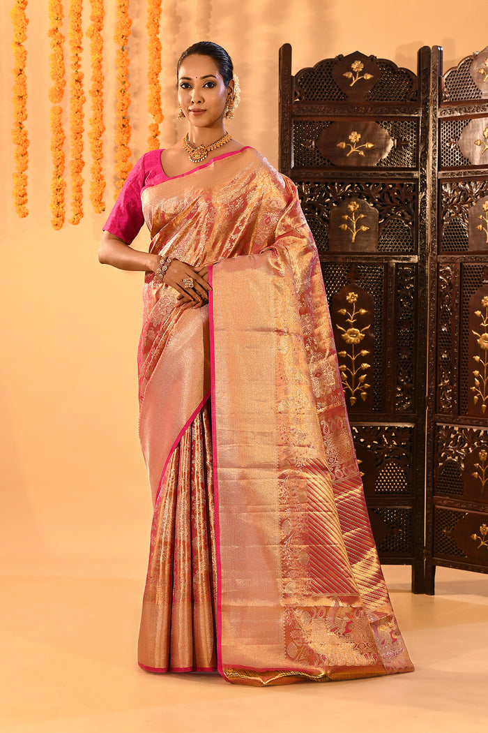 Golden Orange With Pink Border & Floral Zari Weave Kanjivaram Silk Saree