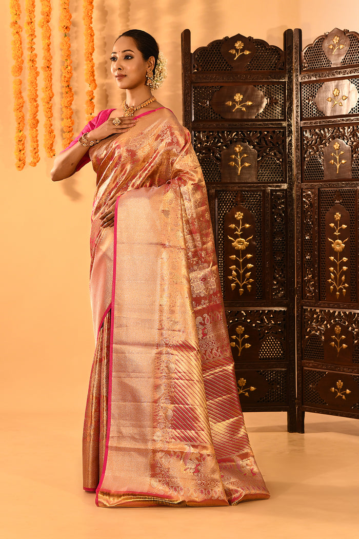 Golden Orange With Pink Border & Floral Zari Weave Kanjivaram Silk Saree