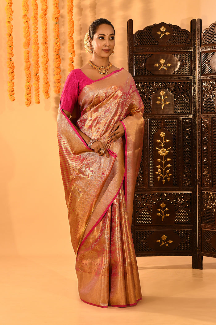 Golden Orange With Pink Border & Floral Zari Weave Kanjivaram Silk Saree