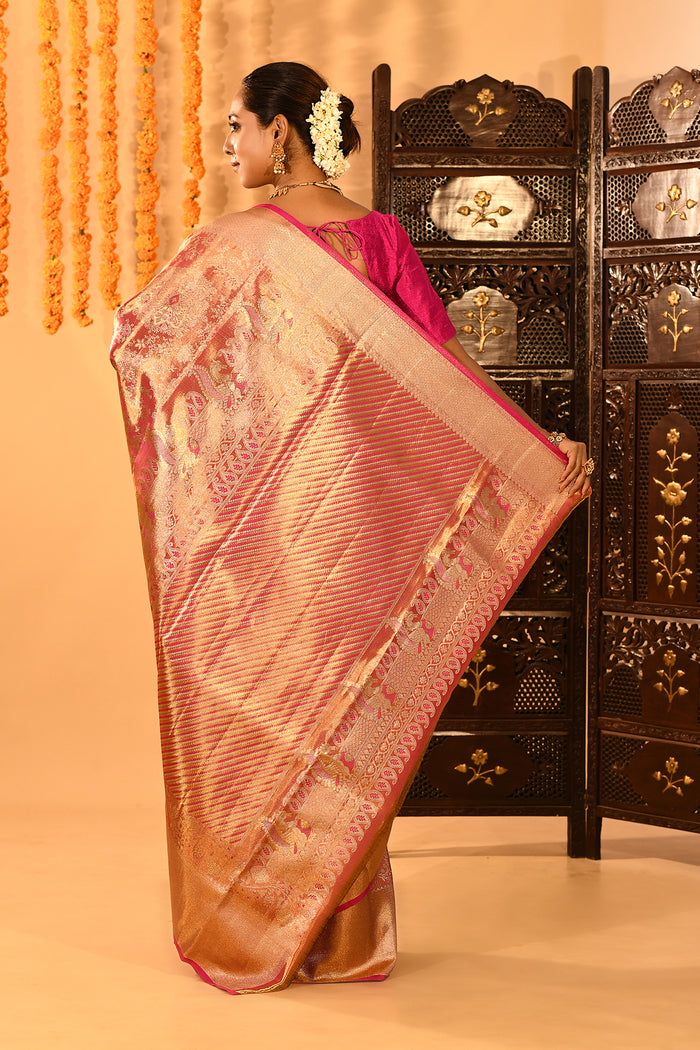 Golden Orange With Pink Border & Floral Zari Weave Kanjivaram Silk Saree