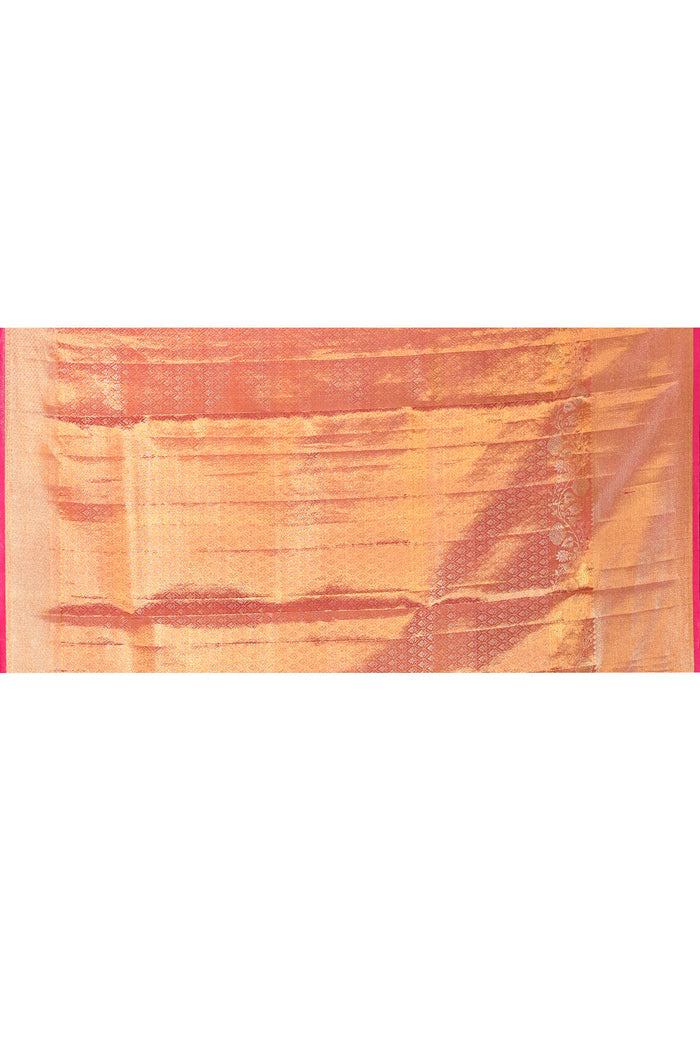 Golden Orange With Pink Border & Floral Zari Weave Kanjivaram Silk Saree