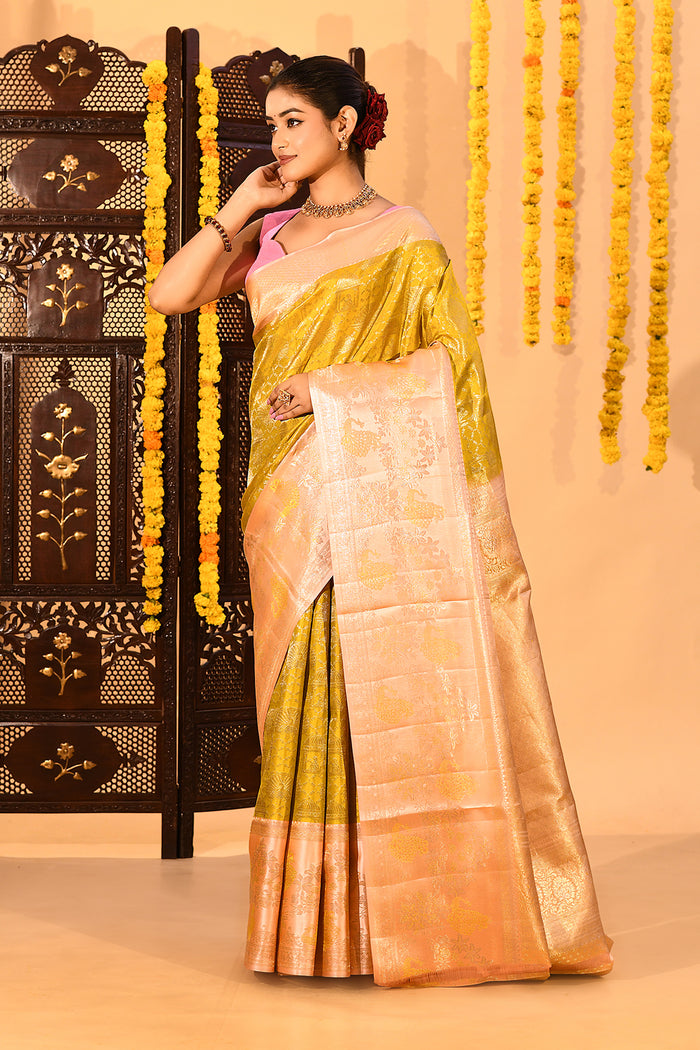 Golden Primrose Peacock Kanjivaram Tissue Saree