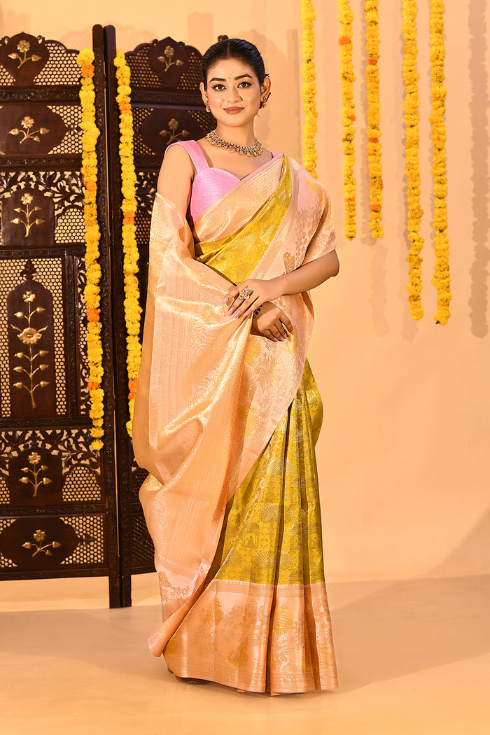 Golden Primrose Peacock Kanjivaram Tissue Saree