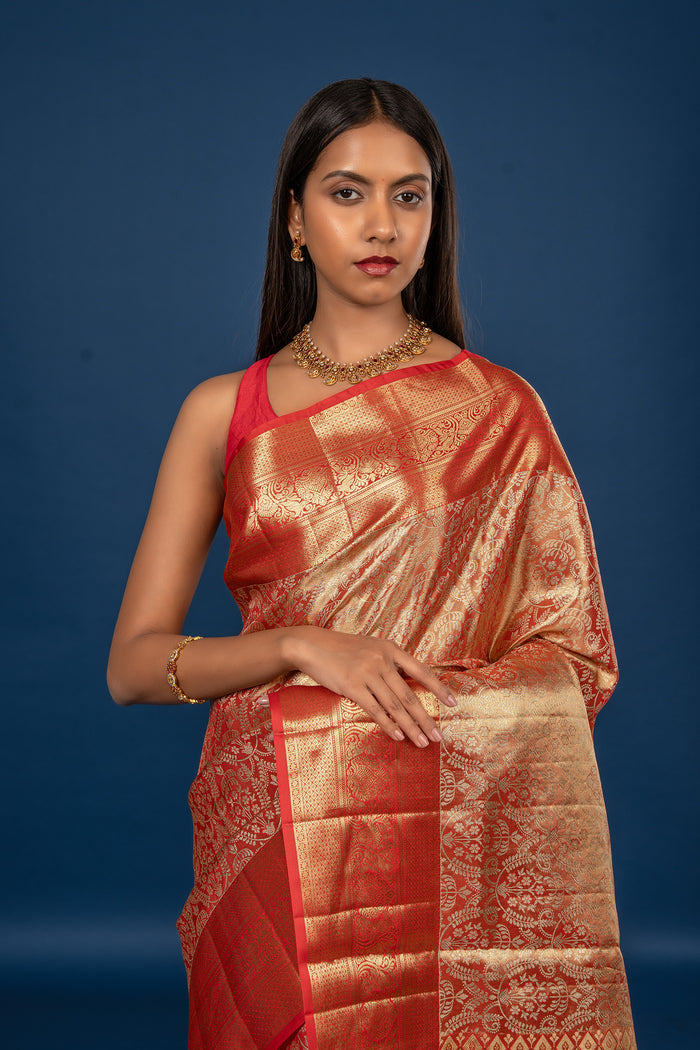 Golden Red Zari Woven Kanjivaram Silk Saree