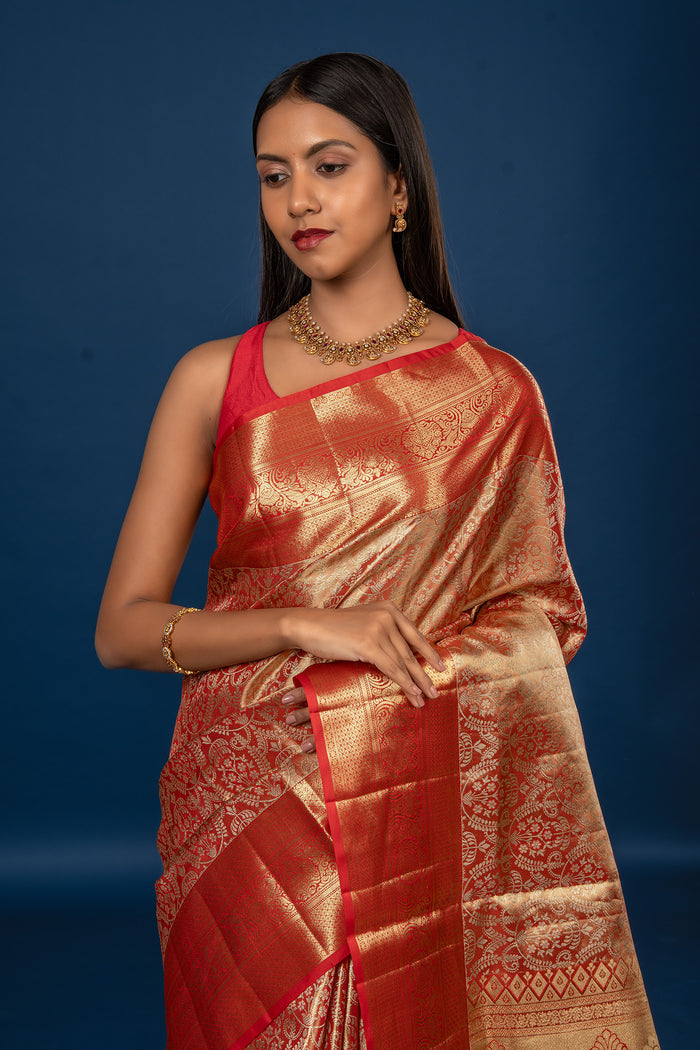 Golden Red Zari Woven Kanjivaram Silk Saree