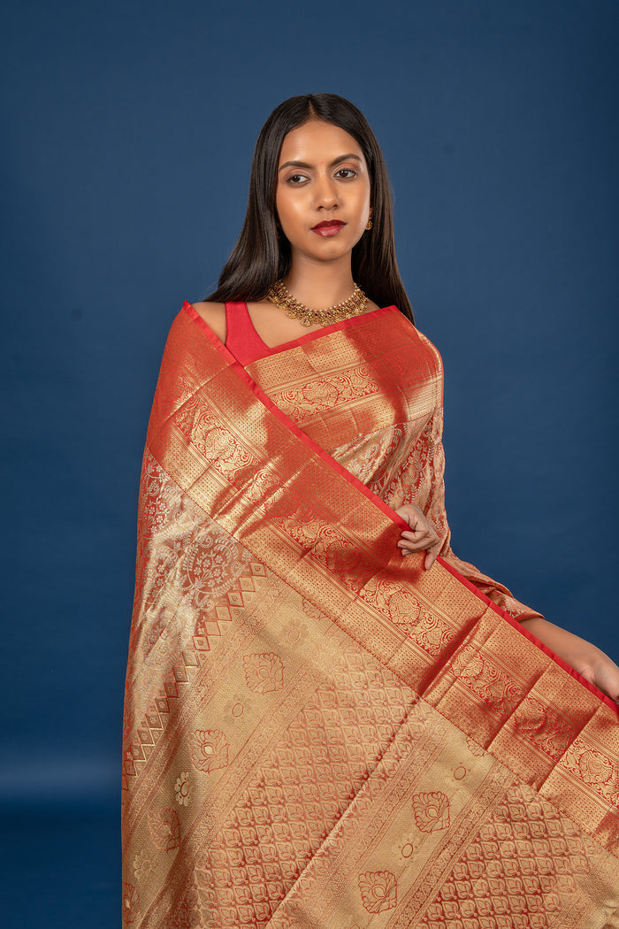 Golden Red Zari Woven Kanjivaram Silk Saree