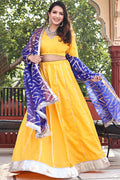 <img> Golden Yellow Cotton Lehenga Set With Organza Dupatta