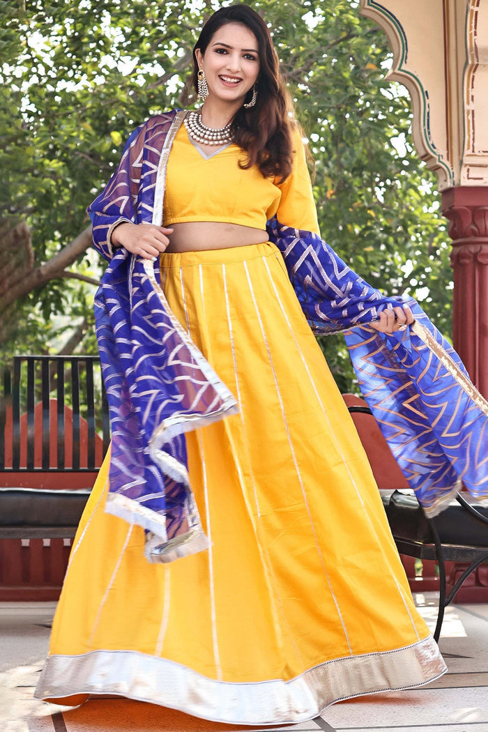 <img> Golden Yellow Cotton Lehenga Set With Organza Dupatta