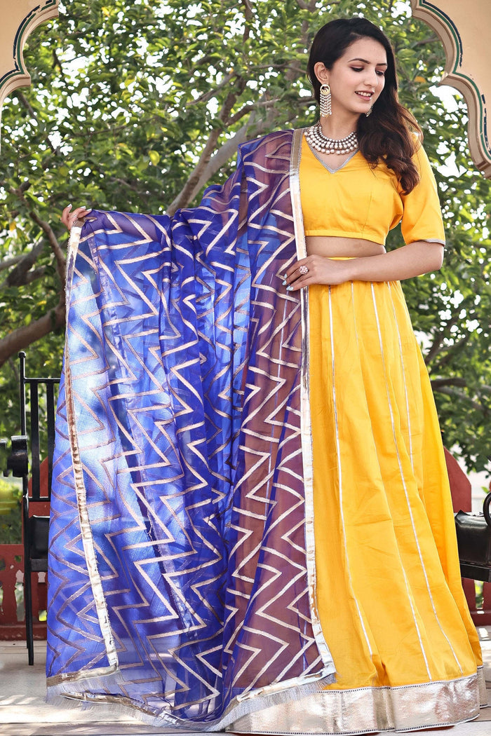 <img> Golden Yellow Cotton Lehenga Set With Organza Dupatta