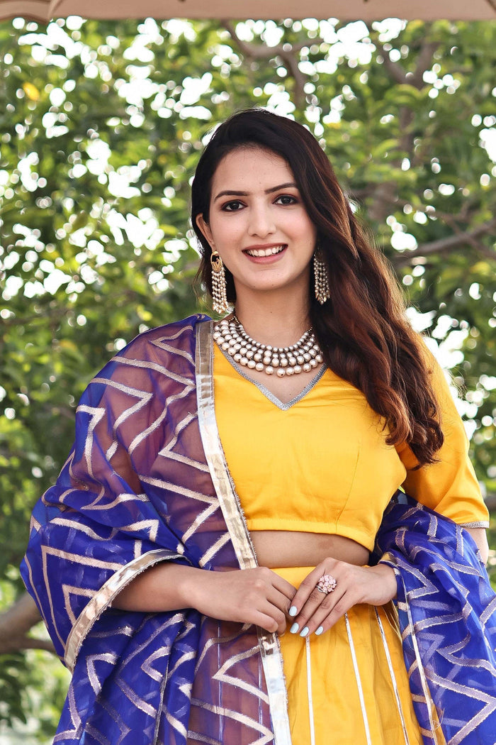 <img> Golden Yellow Cotton Lehenga Set With Organza Dupatta