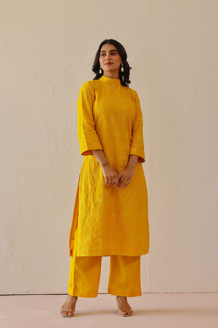 <img> golden yellow cotton santoon embroidered kurti set