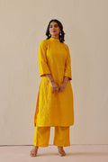 <img> golden yellow cotton santoon embroidered kurti set