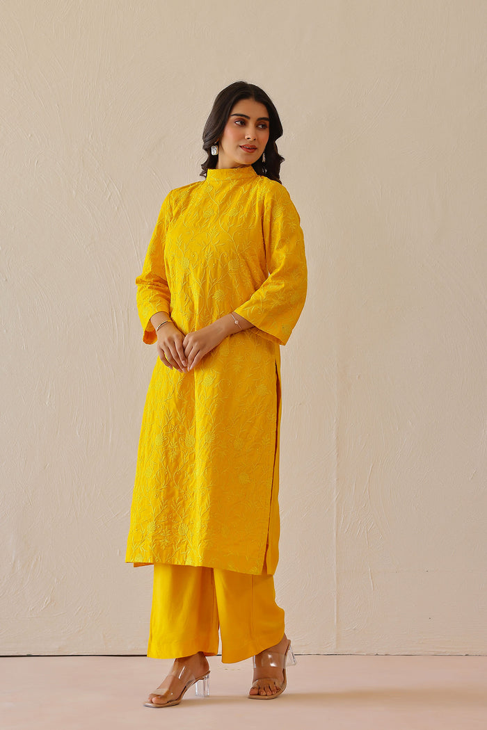 <img> golden yellow cotton santoon embroidered kurti set