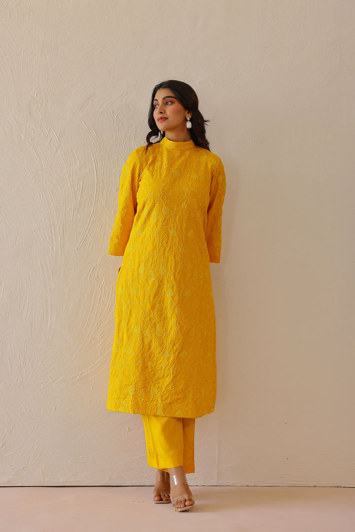 <img> golden yellow cotton santoon embroidered kurti set