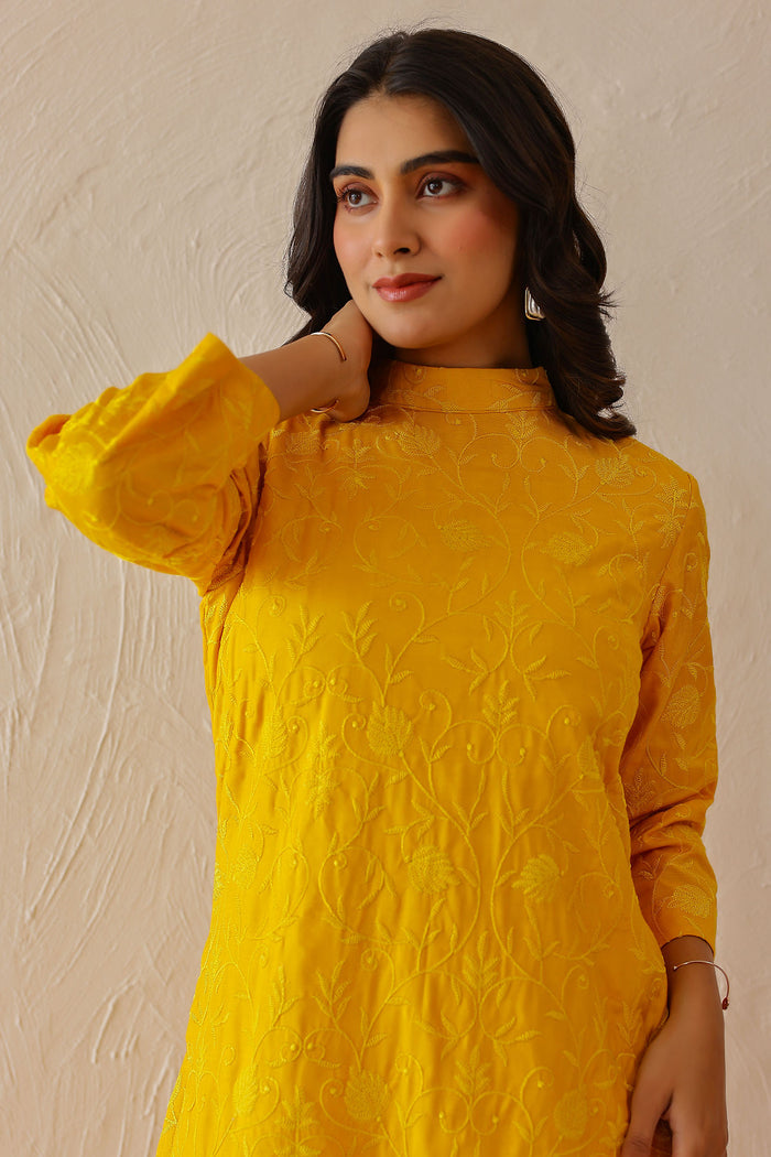 <img> golden yellow cotton santoon embroidered kurti set