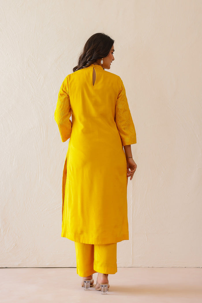 <img> golden yellow cotton santoon embroidered kurti set