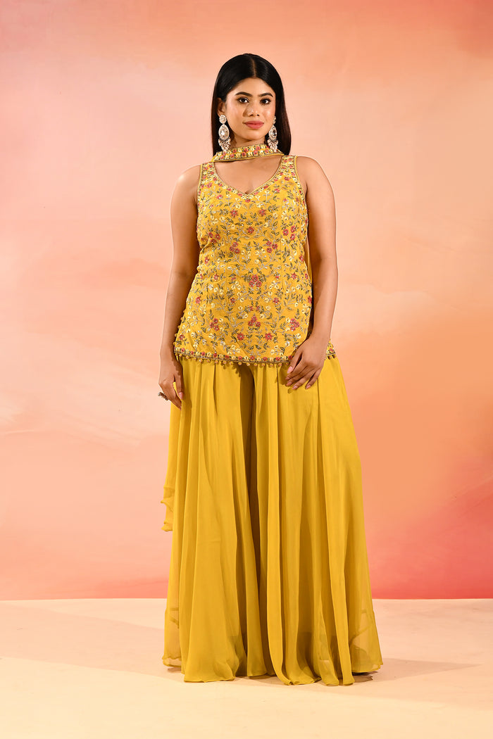 Golden Yellow Floral Embroidery Straight Cut Palazzo