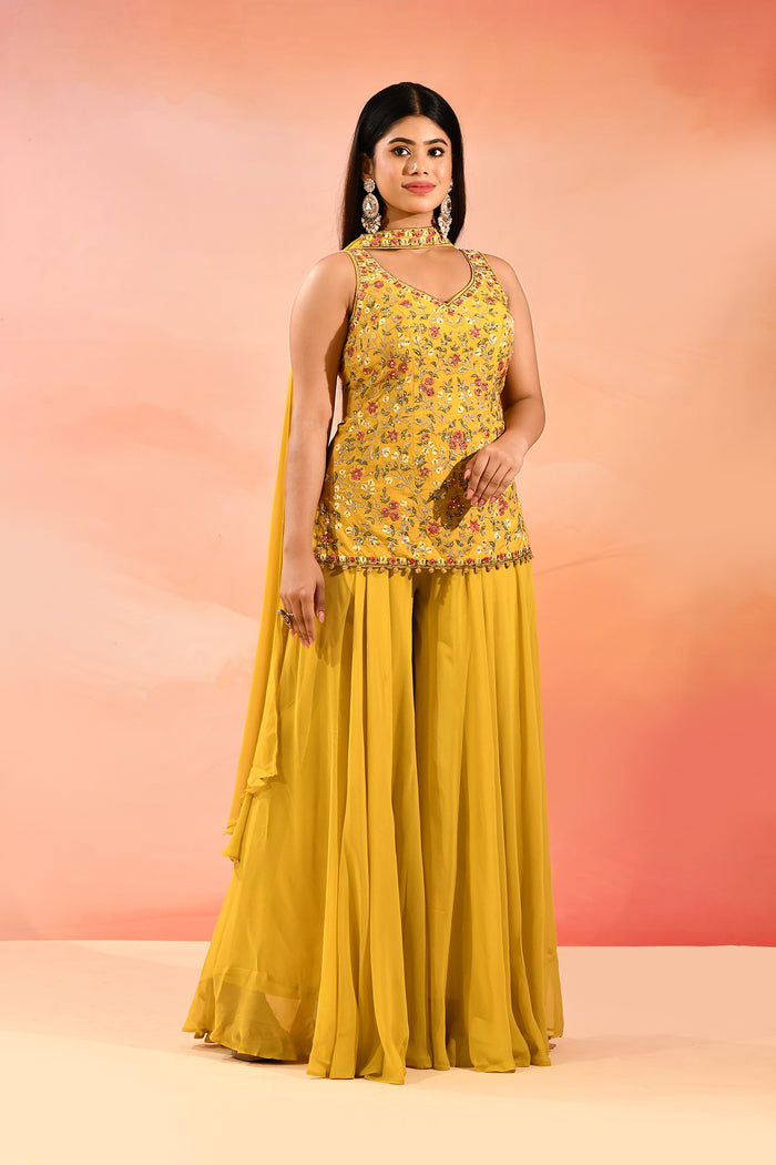 Golden Yellow Floral Embroidery Straight Cut Palazzo