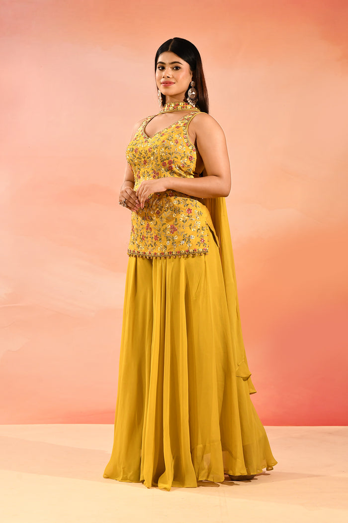 Golden Yellow Floral Embroidery Straight Cut Palazzo