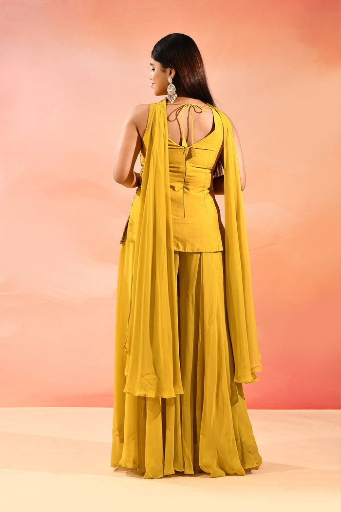 Golden Yellow Floral Embroidery Straight Cut Palazzo
