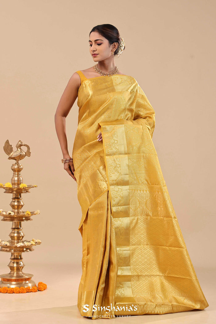 <img> Golden Yellow Kanjivaram Saree With Gold Zari