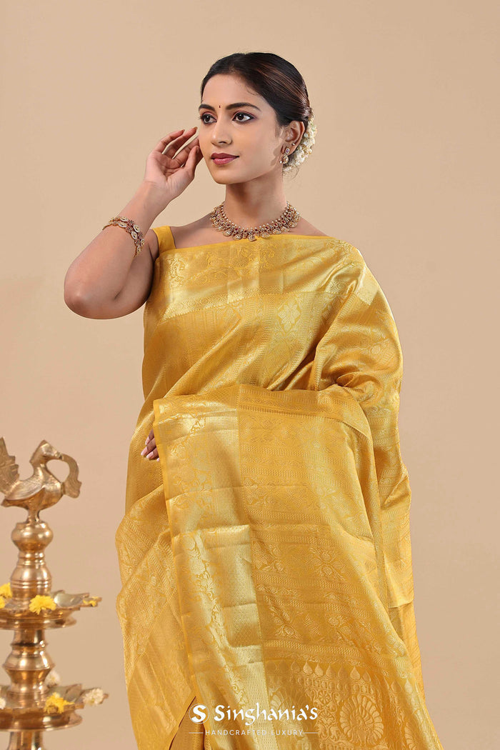 <img> Golden Yellow Kanjivaram Saree With Gold Zari