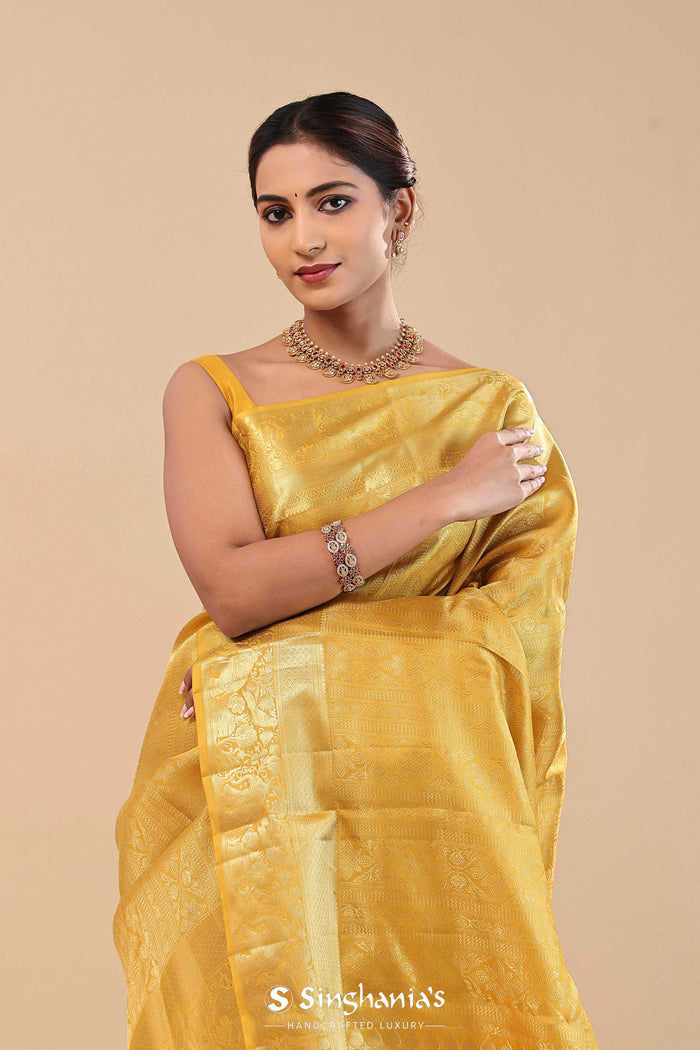 <img> Golden Yellow Kanjivaram Saree With Gold Zari