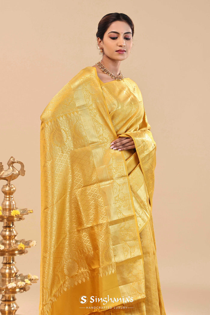 <img> Golden Yellow Kanjivaram Saree With Gold Zari