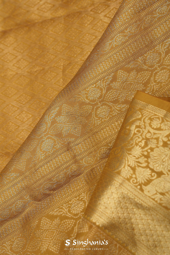 <img> Golden Yellow Kanjivaram Saree With Gold Zari