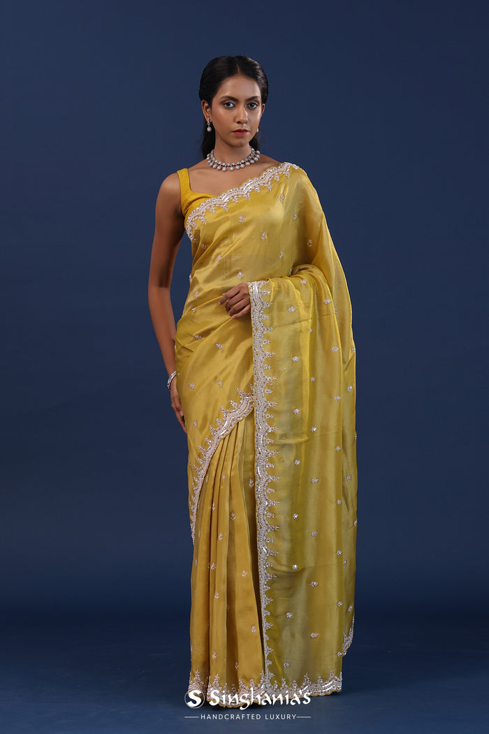 Golden Yellow Tissue Saree With Sequin Work