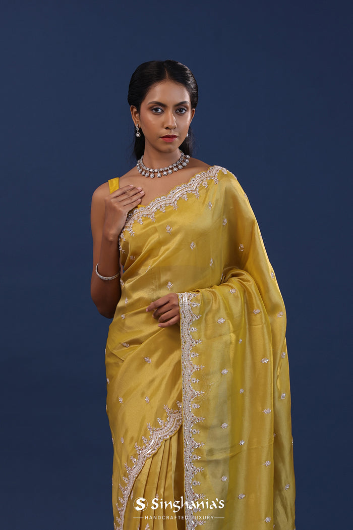 Golden Yellow Tissue Saree With Sequin Work