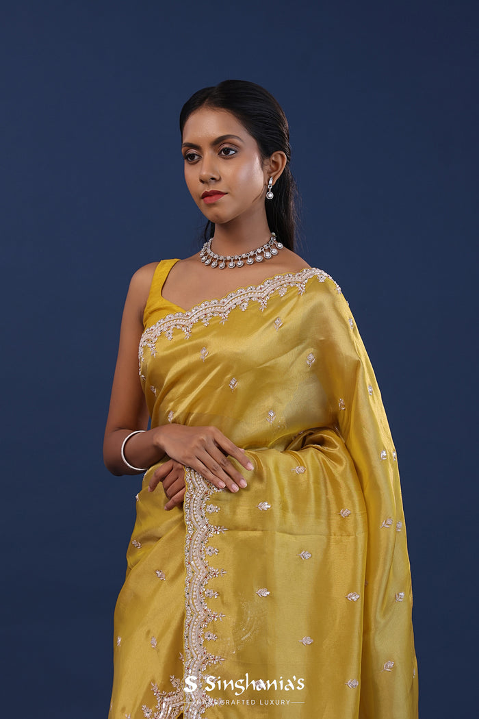 Golden Yellow Tissue Saree With Sequin Work