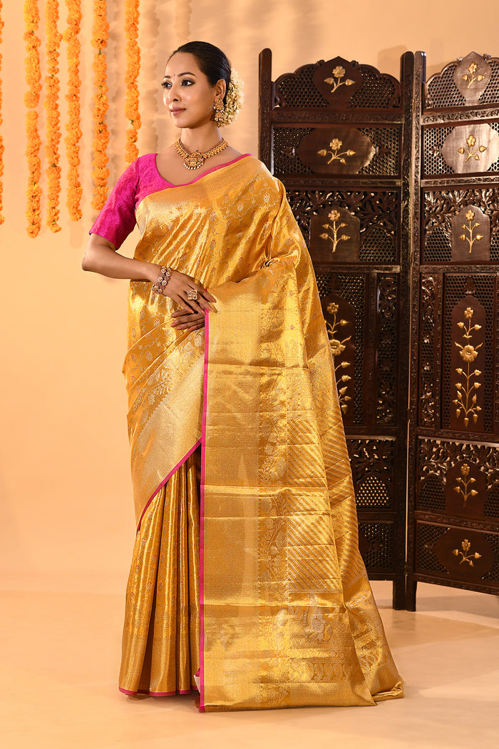 Golden Yellow With Pink Border & Floral Zari Weave Kanjivaram Silk Saree