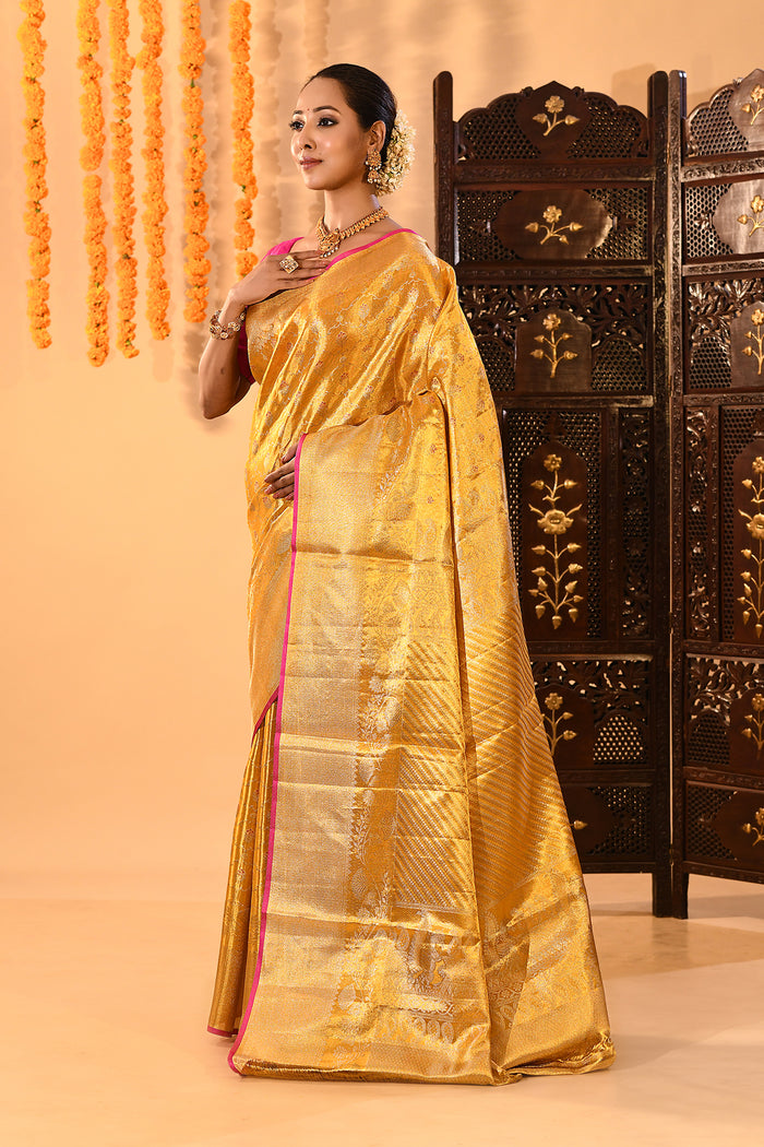 Golden Yellow With Pink Border & Floral Zari Weave Kanjivaram Silk Saree