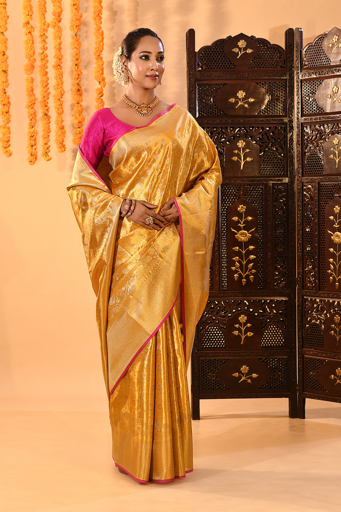 Golden Yellow With Pink Border & Floral Zari Weave Kanjivaram Silk Saree