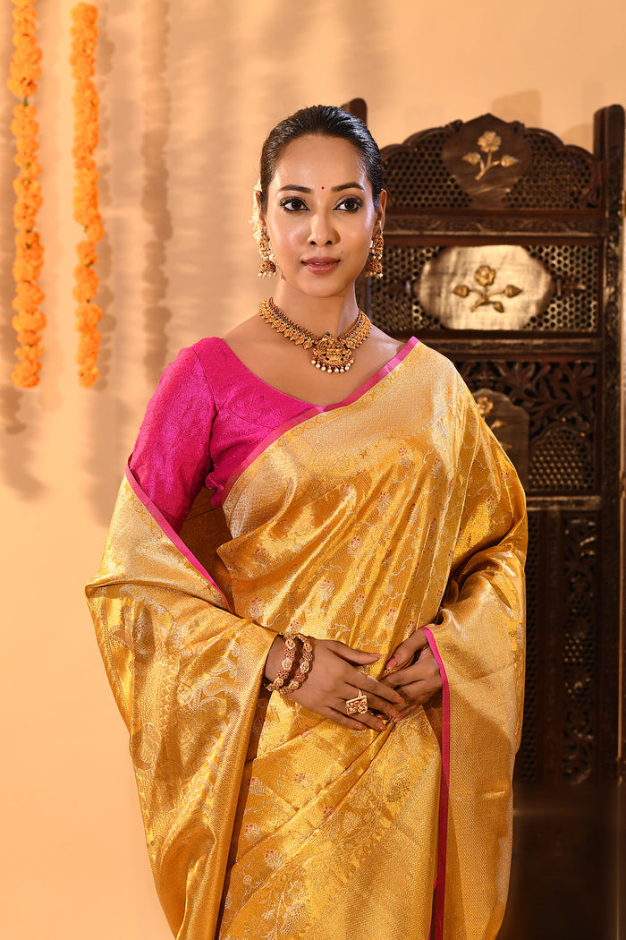 Golden Yellow With Pink Border & Floral Zari Weave Kanjivaram Silk Saree