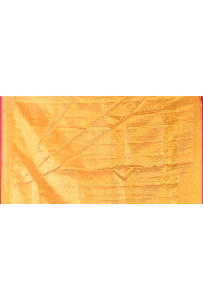 Golden Yellow With Pink Border & Floral Zari Weave Kanjivaram Silk Saree
