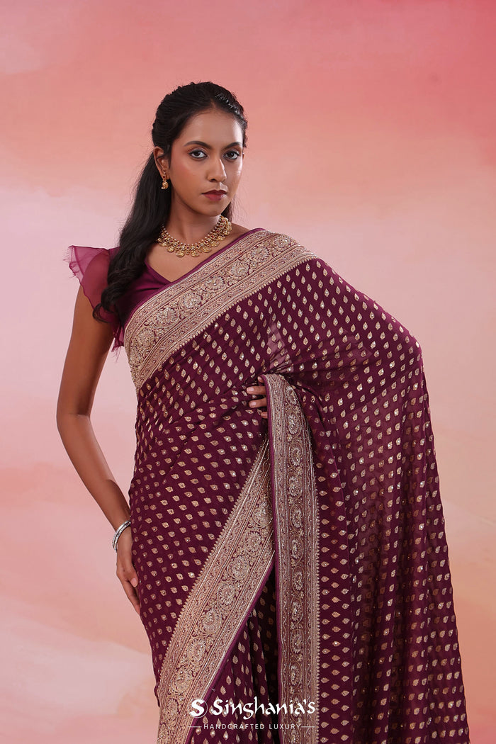 Gondola Brown Georgette Banarasi Saree With Sequins Work