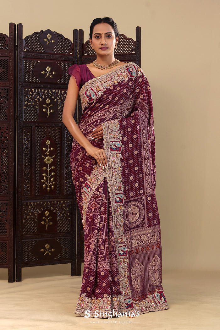 Gondola Red Tissue Saree With Bandhani Work