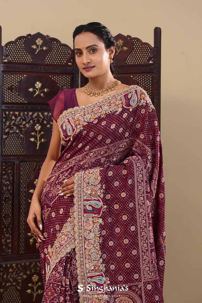 Gondola Red Tissue Saree With Bandhani Work