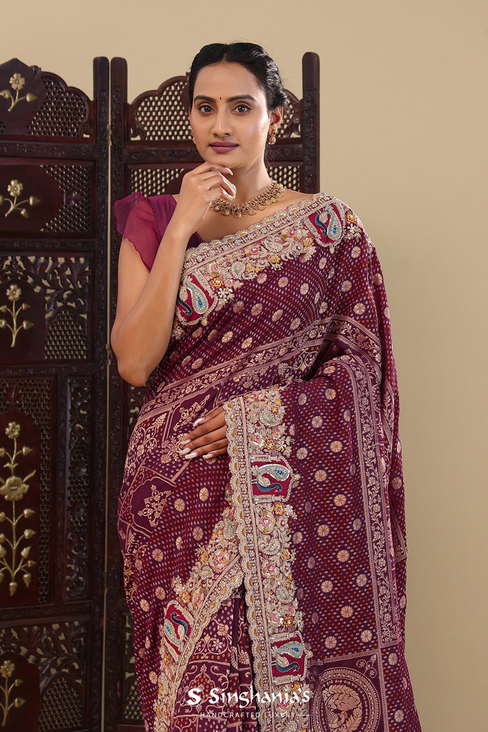Gondola Red Tissue Saree With Bandhani Work
