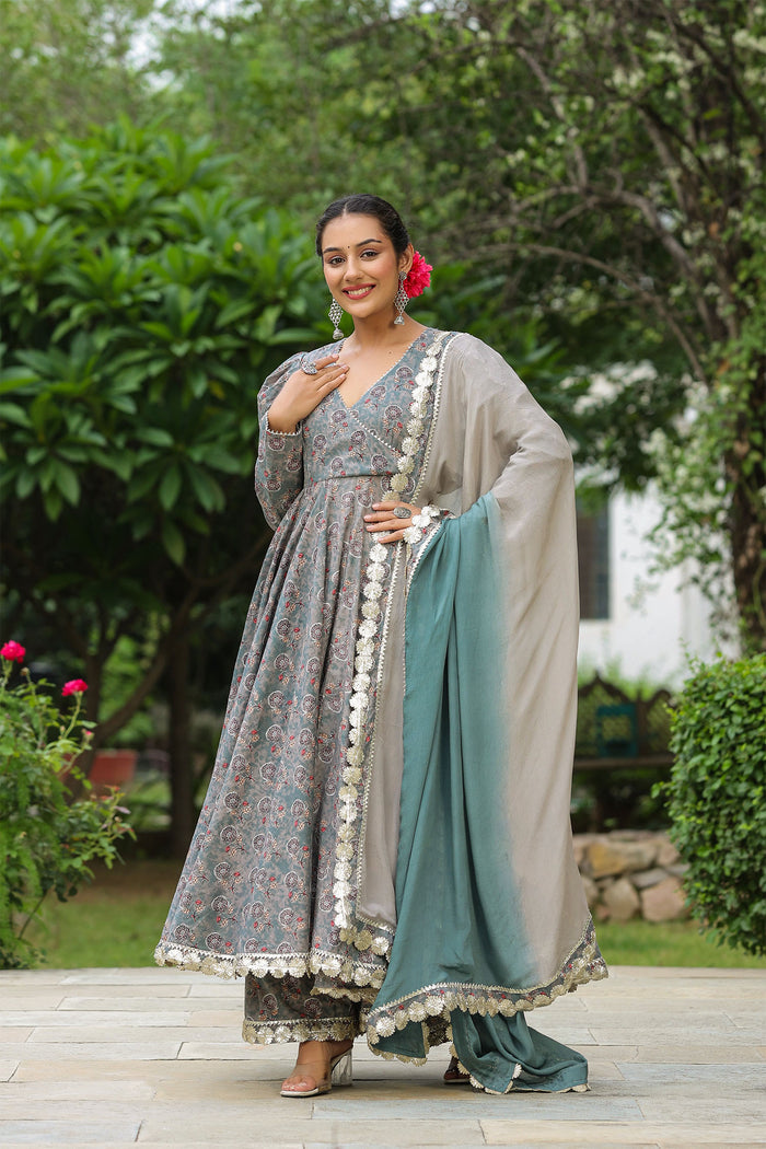 <img> Granny Grey Cotton Floral Printed Anarkali Set