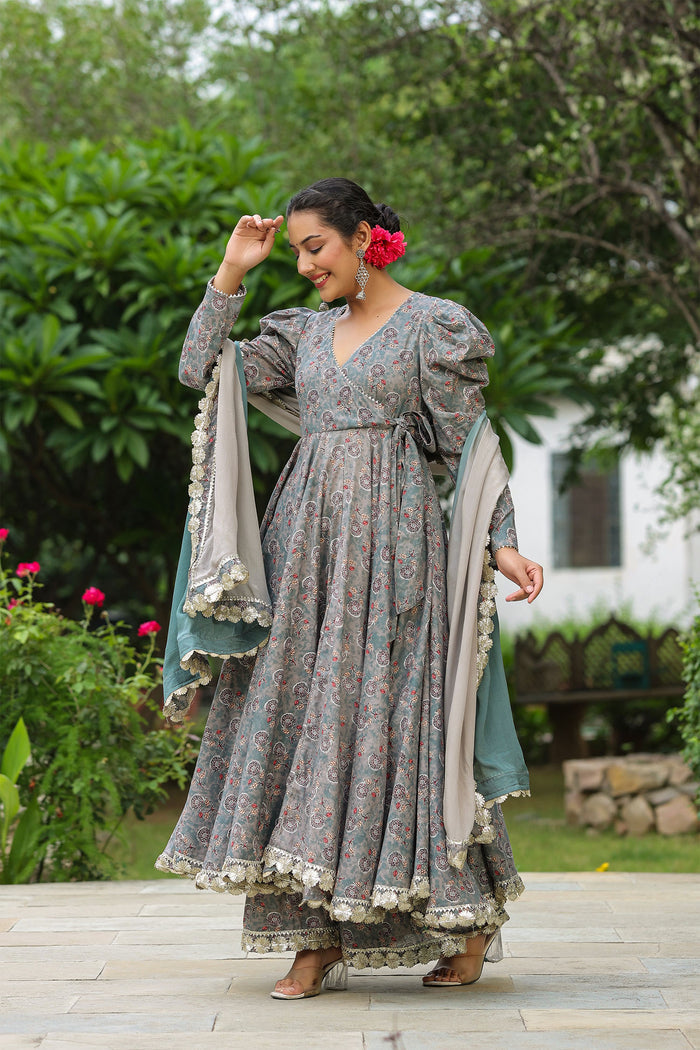 <img> Granny Grey Cotton Floral Printed Anarkali Set